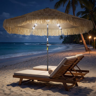 Arlmont & Co. 9 ft Hula Thatched Tiki Patio Umbrella with LED Solar Light Tropical Hawaiian Style Outdoor Umbrella with Crank Tilt UPF30+ for Garden Backyard