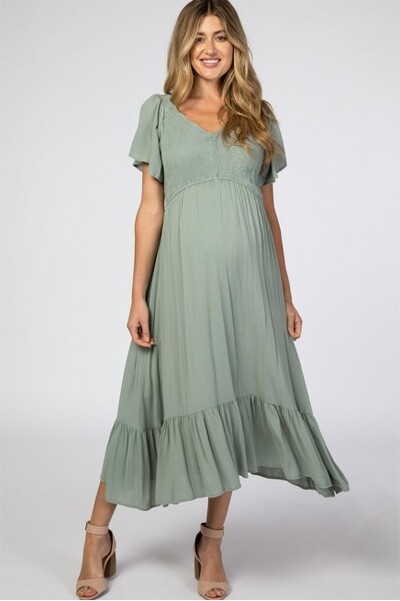 PinkblushLightOliveSmockedV-NeckMaternityMidiDressLarge
