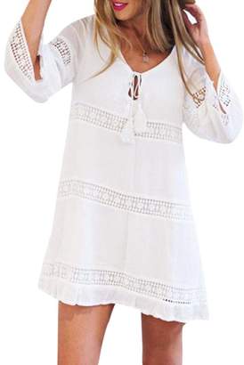 Tenworld Women Mini Dress, Summer 3/4 Sleeves Lace Boho Beach Short Dress (S, )