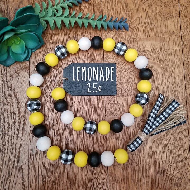 Etsy Farmhouse Wood Bead Garland/Lemon Beaded Garland/Country Table Décor/Tiered Tray Display Décor/Summer Home Décor/Buffalo Plaid Beads