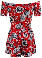 Thumbnail for your product : New Look Teens Red Bardot Neck Rose Print Playsuit