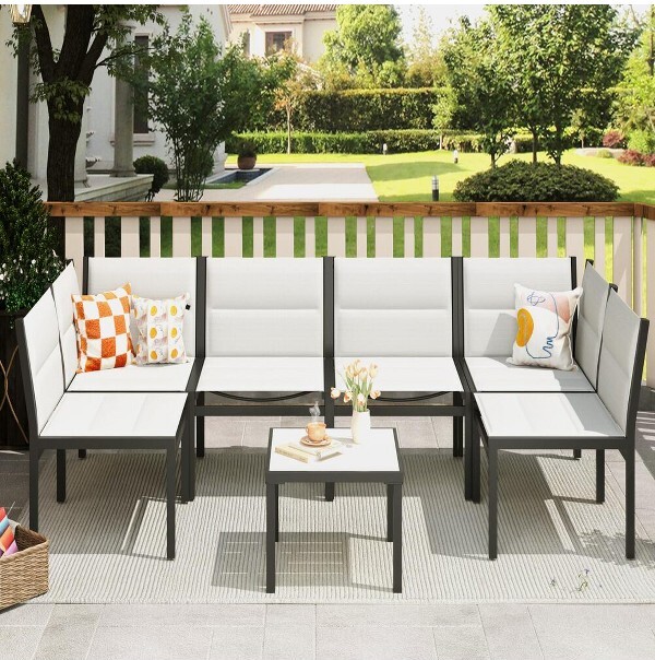 COWLOWN7PieceWhiteOutdoorSectionalFurnitureSetwithCottonFilledTextileneFabricandCoffeeTableforGardenBackyardBalconyandLawn