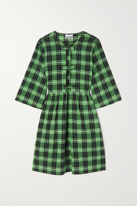 ★Ganni★ Seersucker checked gathered mini dress aqua green Ganni + Net Sustain Checked Organic Seersucker Mini Dress