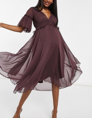 ASOS DESIGN Maternity flutter sleeve midi dress with pleated waist and button detail