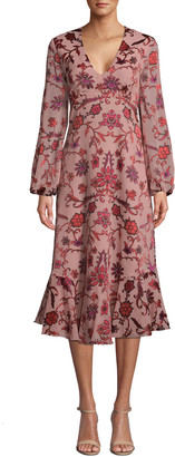 Nicole Miller Red Vines Long-Sleeve Midi Floral Dress