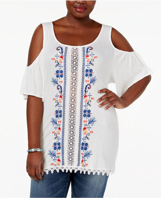 Eyeshadow Trendy Plus Size Embroidered Cold-Shoulder Top