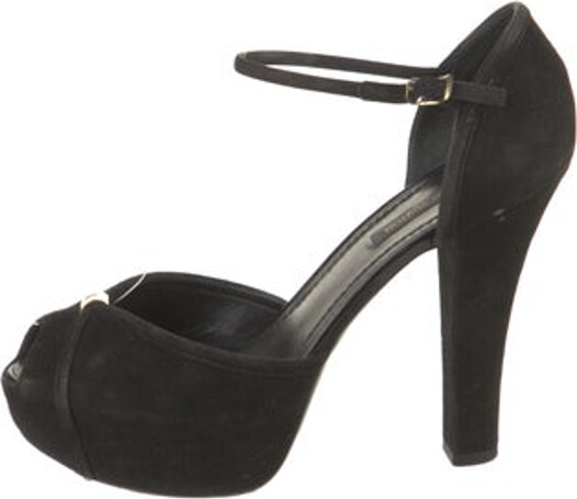 Louis Vuitton Suede D'Orsay Pumps Black Peep-Toes Platform Crossover Straps & Buckle Closure at Ankles Includes Dust Bag Designer