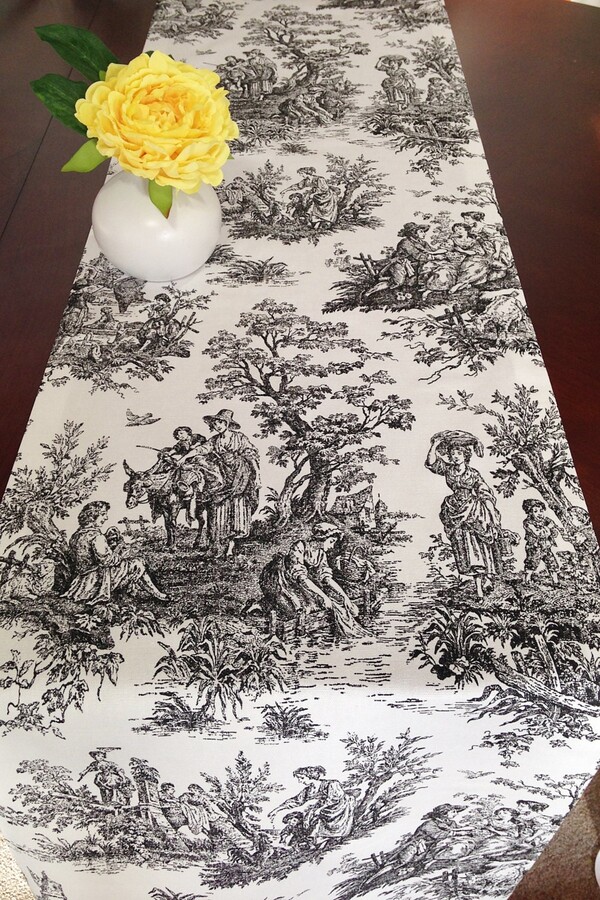 Colonial Toile Black & White Table Runner Dining Rectange Holidays Weddings Party Designer Fabric Cotton