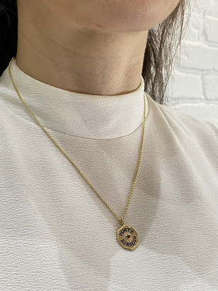 Marlo Laz Mini Garnet, Diamond, and Navy Enamel Porte Bonheur Coin 18 Inch Necklace - Yellow Gold