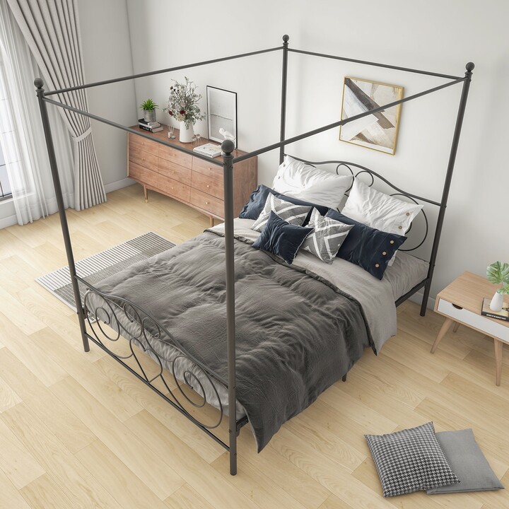 IGEMAN Metal Queen Canopy Bed Frame with Vintage Style Headboard