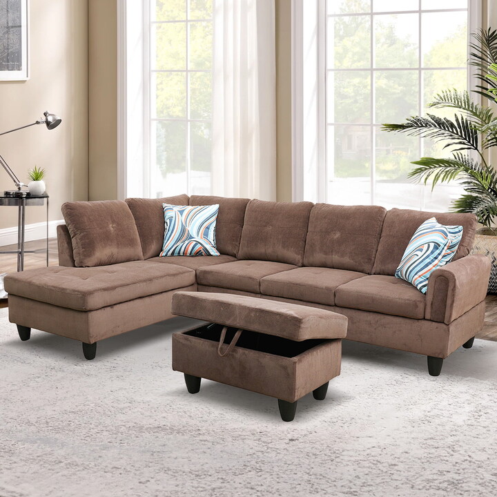 Aukfa 3 Piece L-shape Sectional Sofa Couch w/ Storage Ottoman, 2 Pillows, Pineapple Velvet, Brown