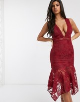 Thumbnail for your product : Love Triangle plunge front midaxi lace dress with fluted hem in deep raspberry