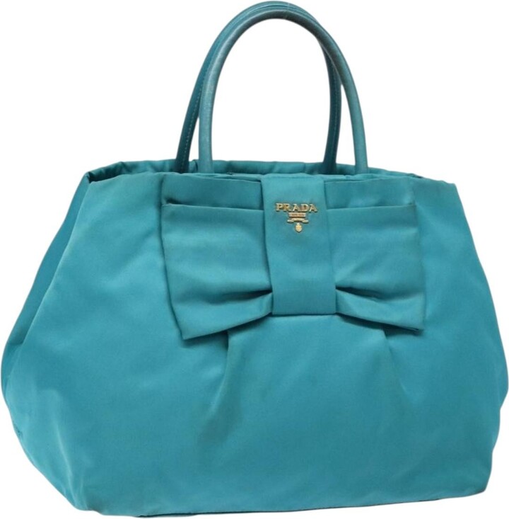 Prada Logo Bow Tote Tessuto With Leather Turquoise Nylon Bag (Pre-Owned)