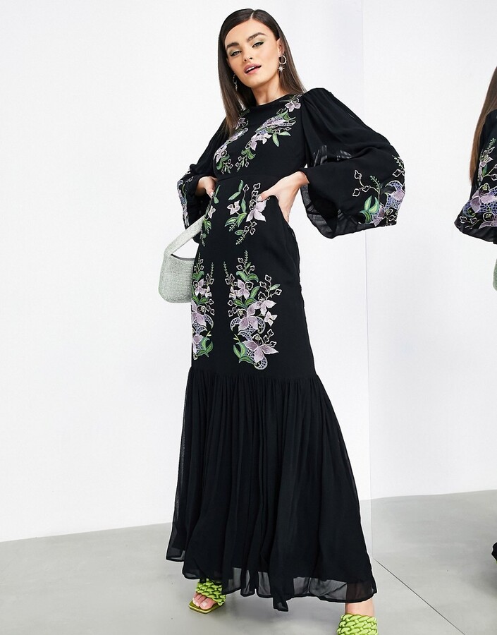 ASOS EDITION floral embroidered tiered maxi dress in black ShopStyle