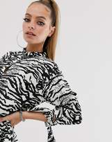 Thumbnail for your product : ASOS Petite DESIGN Petite grandad collar button through mini smock dress with tie sleeve in mono zebra