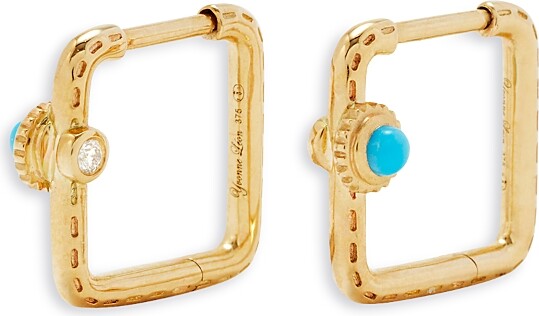 Yvonne Léon 9K Yellow Gold Paire de Creoles Mini Gousset Turquoise & Gray Diamond Square Hoop Earrings