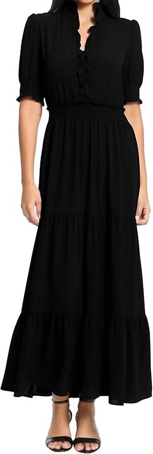 London Times Smocked Puff Tiered Dress In Black