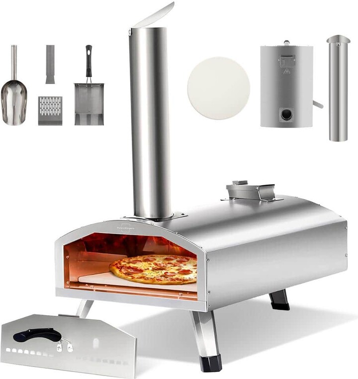 TUYOHW Wood Fired Outdoor Pizza Oven 12" with Pizza Stone, Silver Stainless Steel Portable Pizza Oven