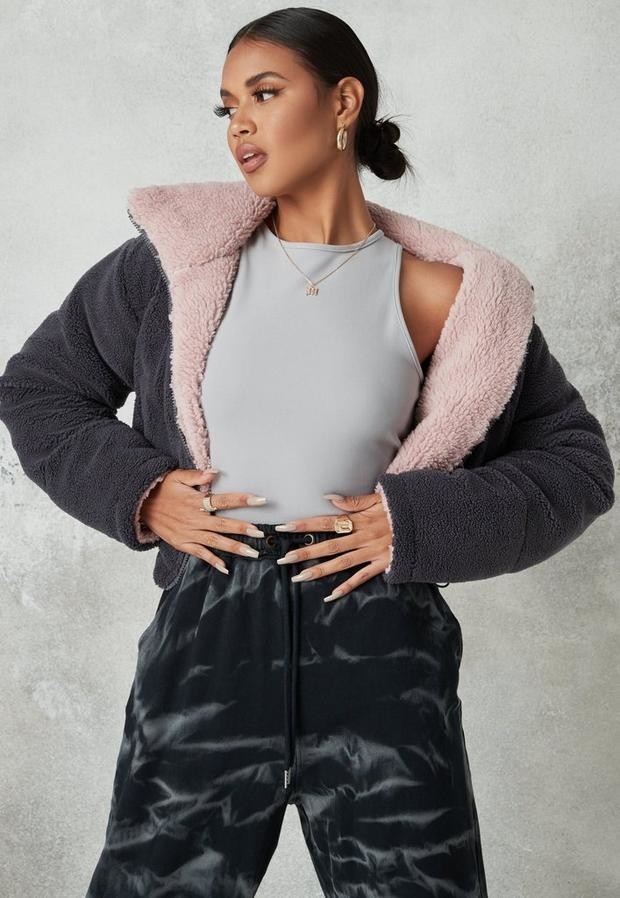 grey reversible borg cropped puffer jacket
