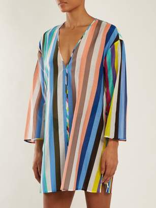 Diane von Furstenberg V Neck Striped Cotton Blend Dress - Womens - Blue Multi