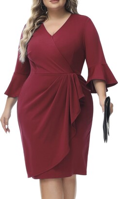 Hanna Nikole Plus Size Party Dresses for Women Flattering Sleeve Cocktail  Work Pencil Midi Dress Wine Red 20 - ShopStyle