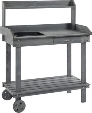 Ophelia & Co. 36'' Wooden Potting Bench Work Table With 2 Removable Wheels Sink Drawer & Large Storage Spaces Gray