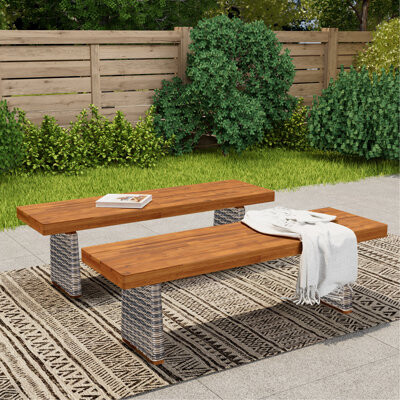 East Urban Home Outdoor Acacia Wood Bench(Set Of 2)Teak Finish+ Brown Wicker