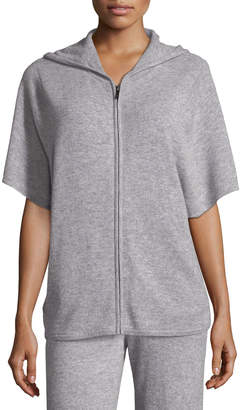 Neiman Marcus Cashmere Short-Sleeve Zip-Front Hoodie