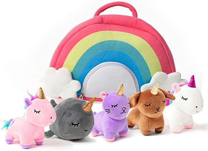 Pixie Crush Unicorn Toys Stuffed Animal Gift Plush Set with Rainbow Case – 5 Piece Stuffed Animals with 2 Unicorns, Kitty, Puppy, and Narwhal – Toddler Gifts for Girls Aged 3, 4, 5 ,6 ,7, 8 yr olds