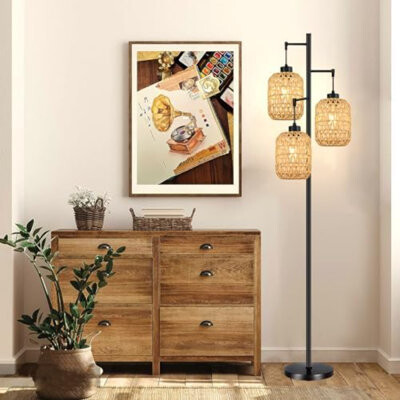 ToccoLeggero Floor Lamp For Living RoomBedroomBoho Rattan Tree 3 Lights Farmhouse Floor LightsIndustrial Standing Lamp Wicker Rustic Tall LampWoven Bamboo Lamp