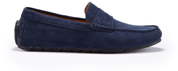 mens blue suede penny loafers