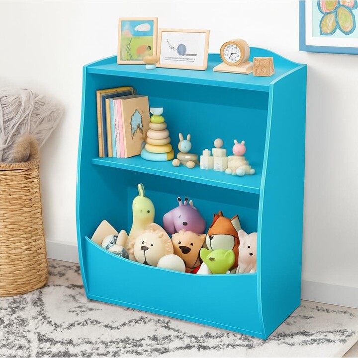 gaomon 2-Tier Kids Toy Storage Organizer with Bookshelf, Wooden Book Display Shelf for Playroom