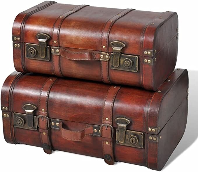 Wooden Treasure Chest Set of 2 | Vintage Decorative Treasure Storage Thunk | Retro Travel Suitcase | Brown WPC by EstaHome