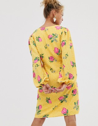 NEVER FULLY DRESSED button through mini dress with blouson sleeve in multi floral print