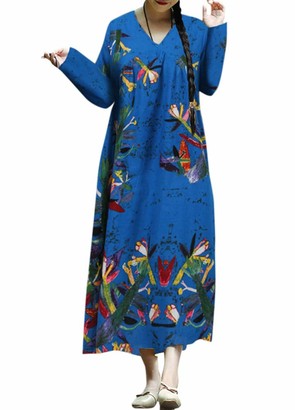 Romacci Women Vintage Loose Dress Boho Cotton Linen Dress Contrast Print Long Sleeves Oversized Robe Maxi Long Dress (XXL