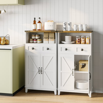 Ebern Designs Freestanding Heightened Storage Cabinet with Drawers and Adjustable Shelf – Farmhouse Style Floor Cabinet with Doors for Kitchen Hallway Living Room