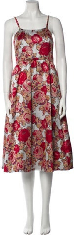 Rachel Antonoff A-Line Dress Red Floral Print Embroidered Accent Sleeveless with Square Neckline Concealed Zip Closure at Back