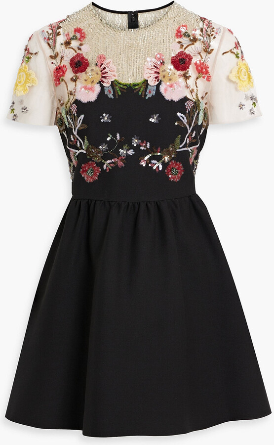 Valentino Garavani Embellished tulle-paneled wool and silk-blend crepe mini dress