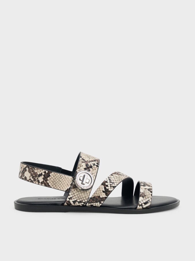 Charles & Keith Yara Snake-Print Turn Lock Strappy Sandals