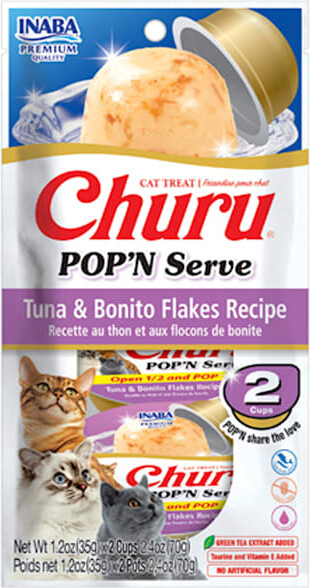 Inaba Churu Pop'n Serve Tuna & Bonito Flakes Recipe for Cat Treats, 2.46 oz.