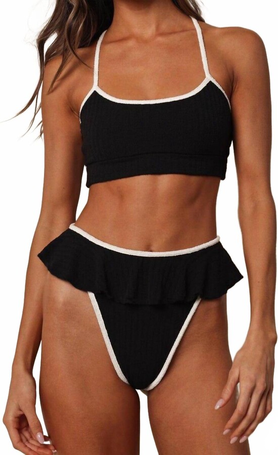 Montce Swim Women's Tamarindo Ruffle Bikini Bottom In Black Cream Binded Terry Rib