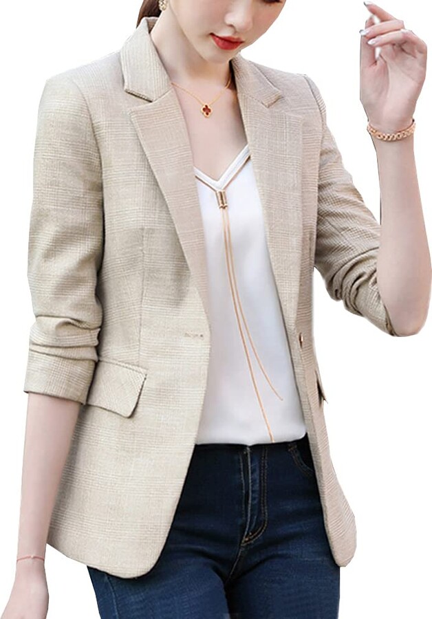 Valin Women Casual Work Office Blazer Beige Plaid Thick Long Sleeve Coat  Fitted One Button Cardigan Blazer Jacket - ShopStyle