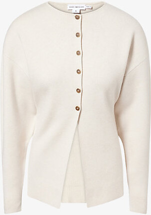 Good American Womens Light Taupe Exaggerated-Sleeve Ribbed Woven Cardigan M