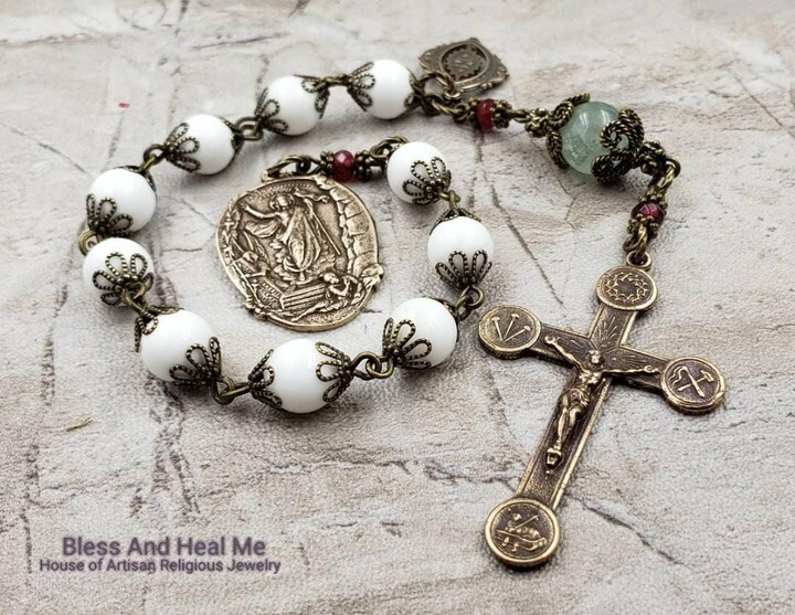 Etsy Easter Crown Of Thorn Nails Lamb God, Christ Is Risen Sacred Heart White Shell Fluorite Bronze Gemstone 1 Decade Rosary Tenner
