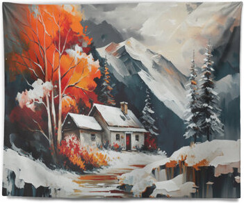 Polyester Monochrome Orange Cottage In Winter III Tapestry with Pushpins