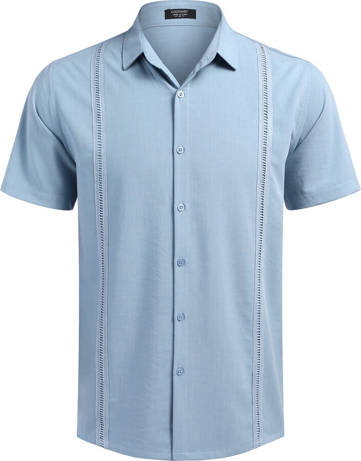 COOFANDY Mens Short Sleeve Cuban Guayabera Shirt Casual Summer Beach Button Down Shirts Blue M