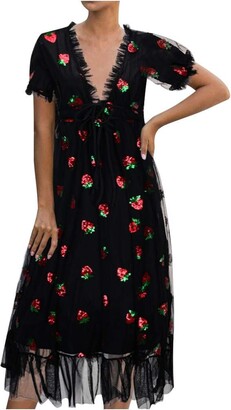 ReooLy Women's Sexy Strawberry Sweet Mesh Fashion Dress Casual Yarn V-Neck Pleated Elegant Maxi Skirt