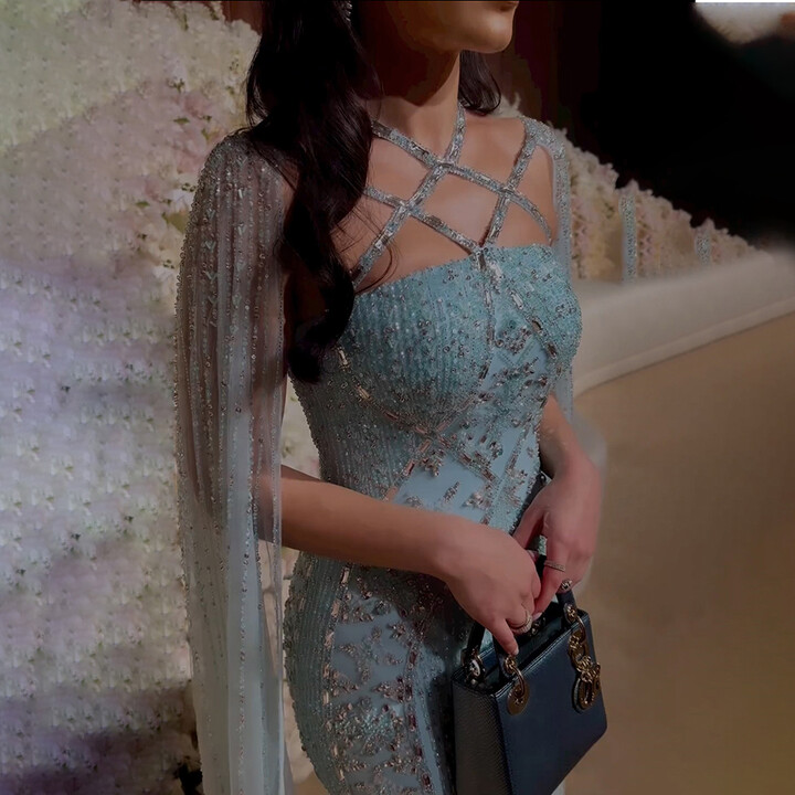 SWEMILE Mermaid Cape Sleeves Evening Dress Elegant Blue Luxury Beaded Crystal Tulle Prom Gowns Floor Length Party vestido For Women