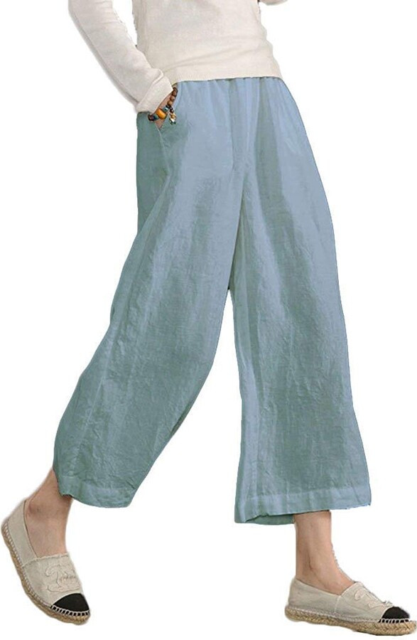 Tanshine Womens Linen Wide Leg Capri Pants Plus Size 3/4 Cropped Summer ...