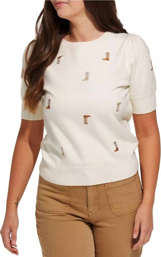 Gilli Round Neck Puff Sleeve Embroidered Knit Top In Cream